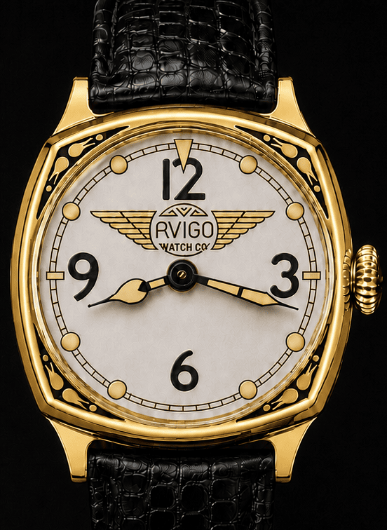 Gold case AVIGO watch with aviation inspired design and black leather strap 