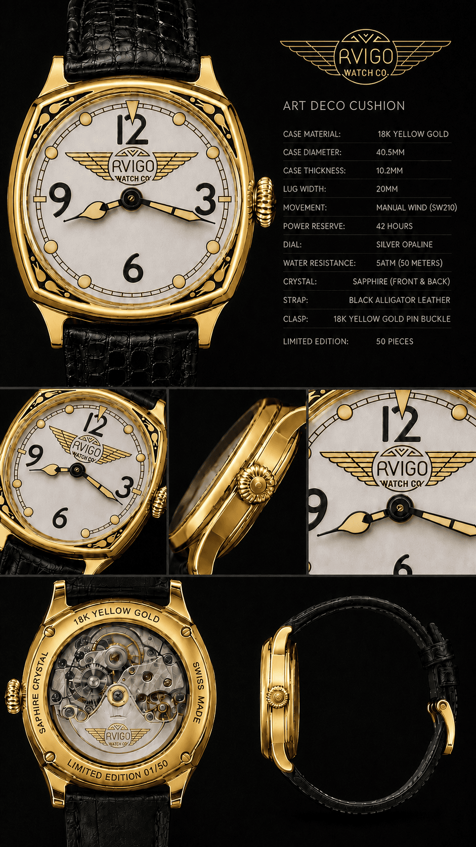 Luxury AVIGO watch with gold case and black leather strap, aviation inspired design 