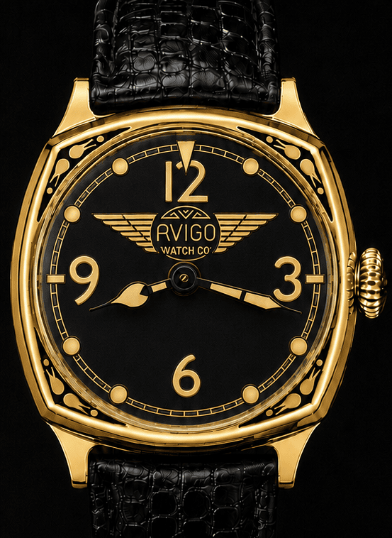Luxury AVIGO watch with black dial and gold case, aviation inspired design 