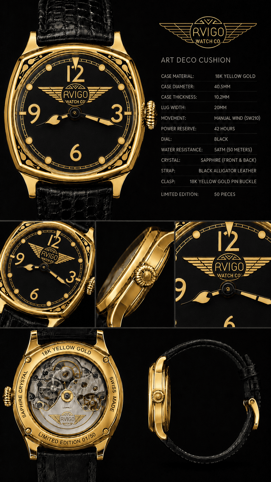 Luxury AVIGO watch with yellow gold case and black leather strap 