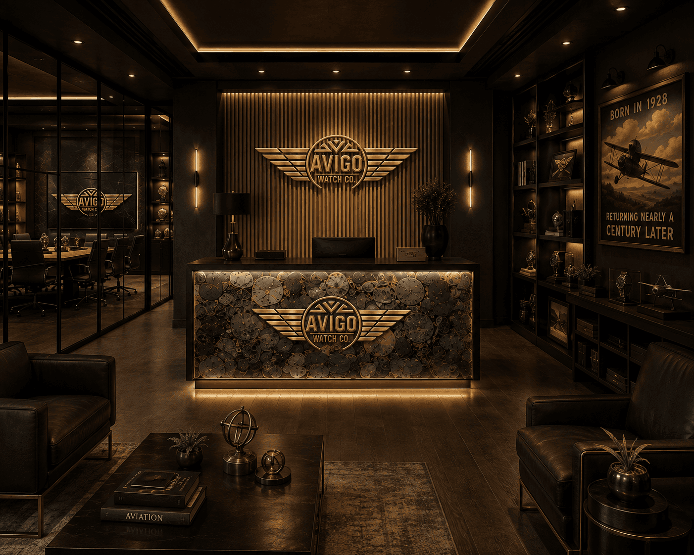 Luxury AVIGO Watch Company reception with aviation inspired decor and heritage branding 