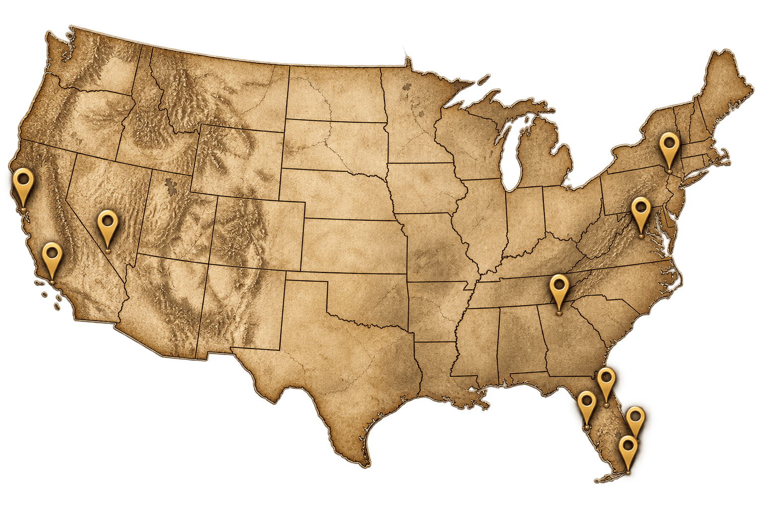 Map of the US with markers indicating watch locations 