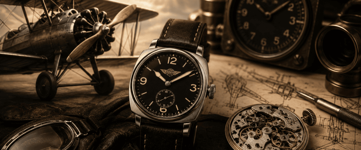 AVIGO watch with aviation background and vintage instruments 