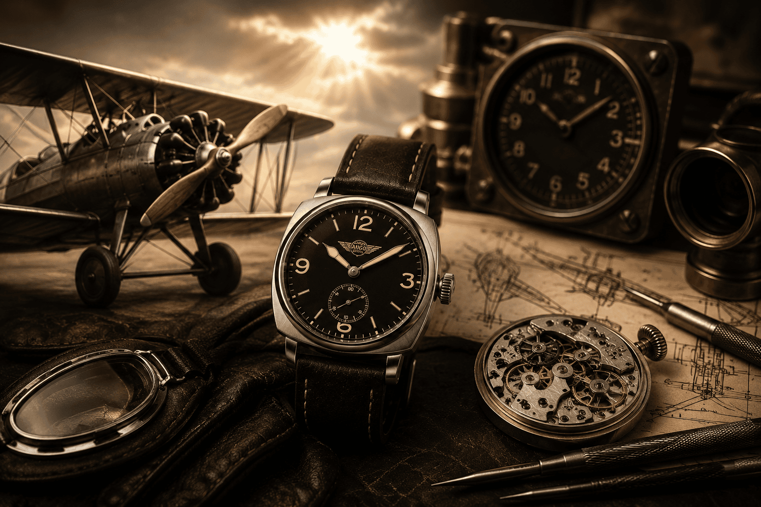 AVIGO watch with aviation background and vintage instruments 