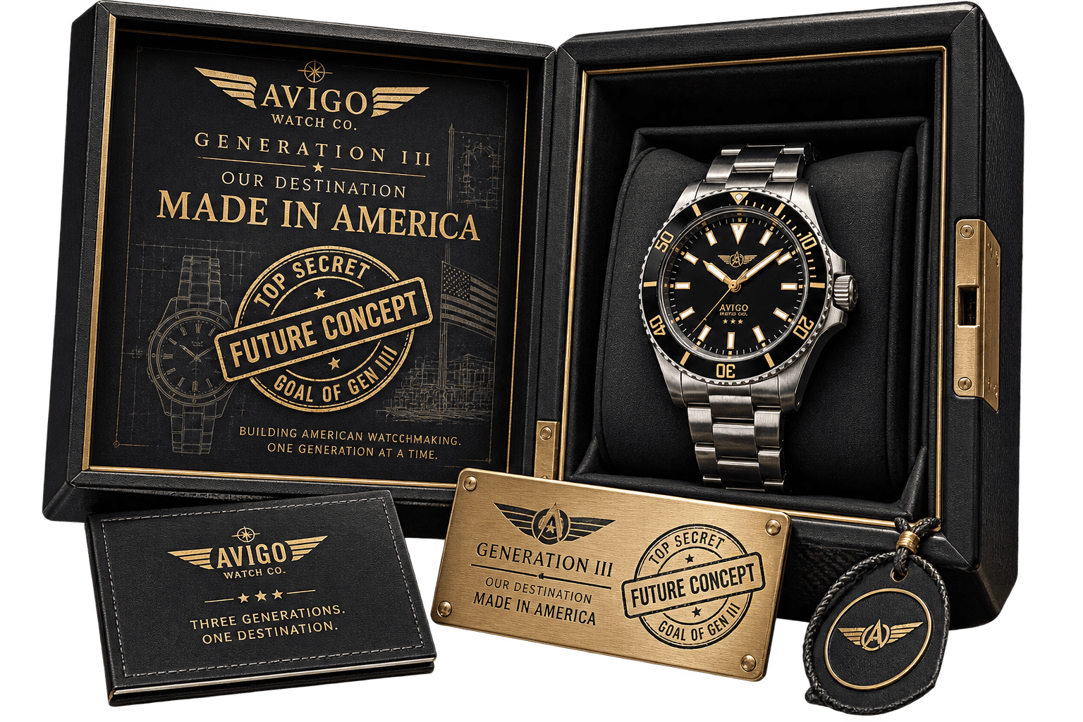 AVIGO Generation III Heritage Watch Luxury AVIGO watch with aviation inspired design in packaging