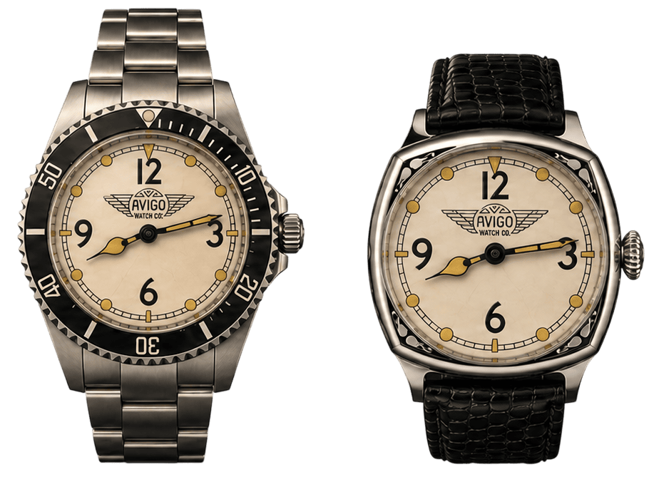 Two vintage AVIGO watches with aviation heritage design 