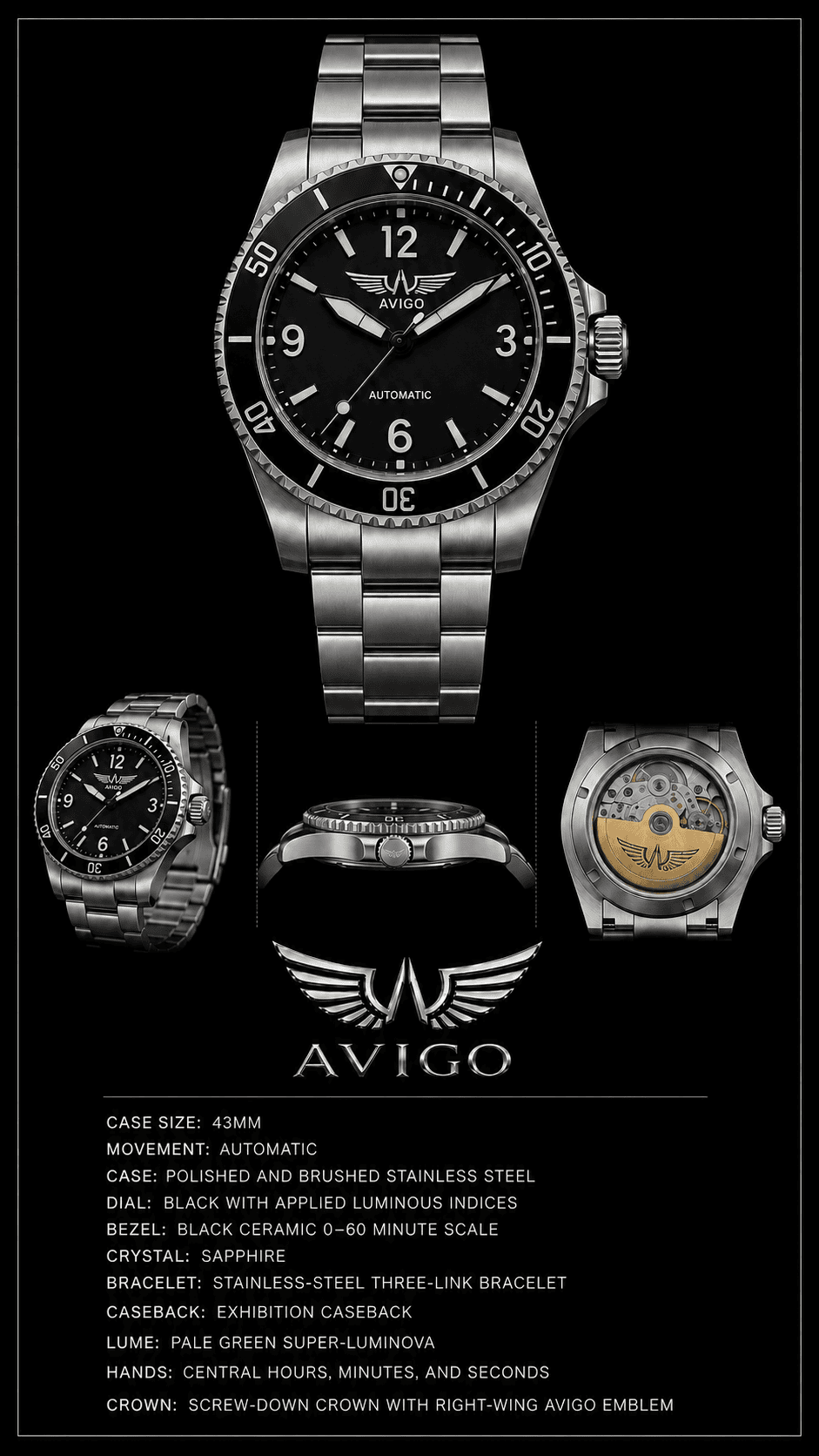 Luxury AVIGO watch with black dial and stainless steel bracelet 