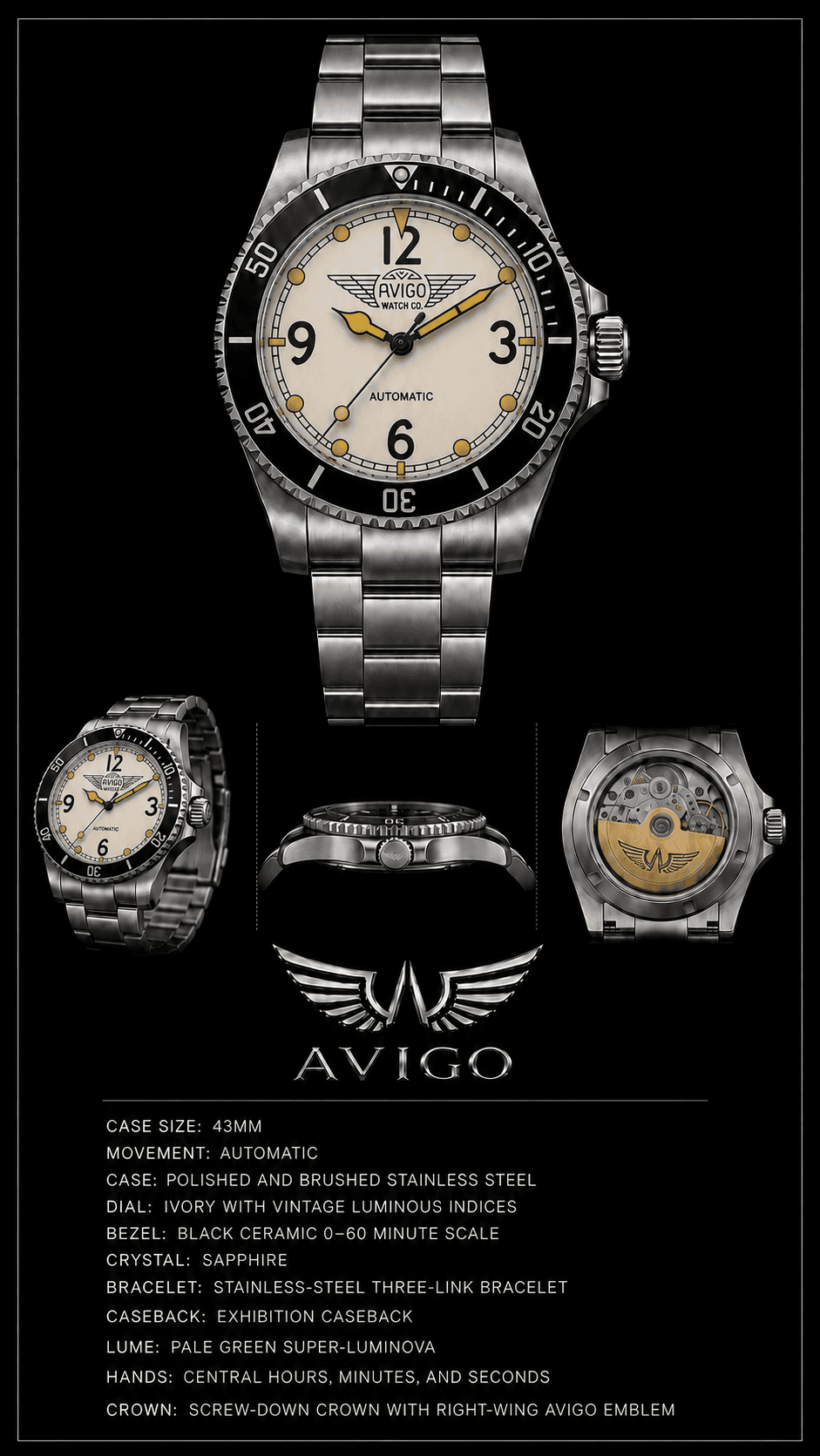 Luxury AVIGO watch with aviation inspired design and luminous indices 