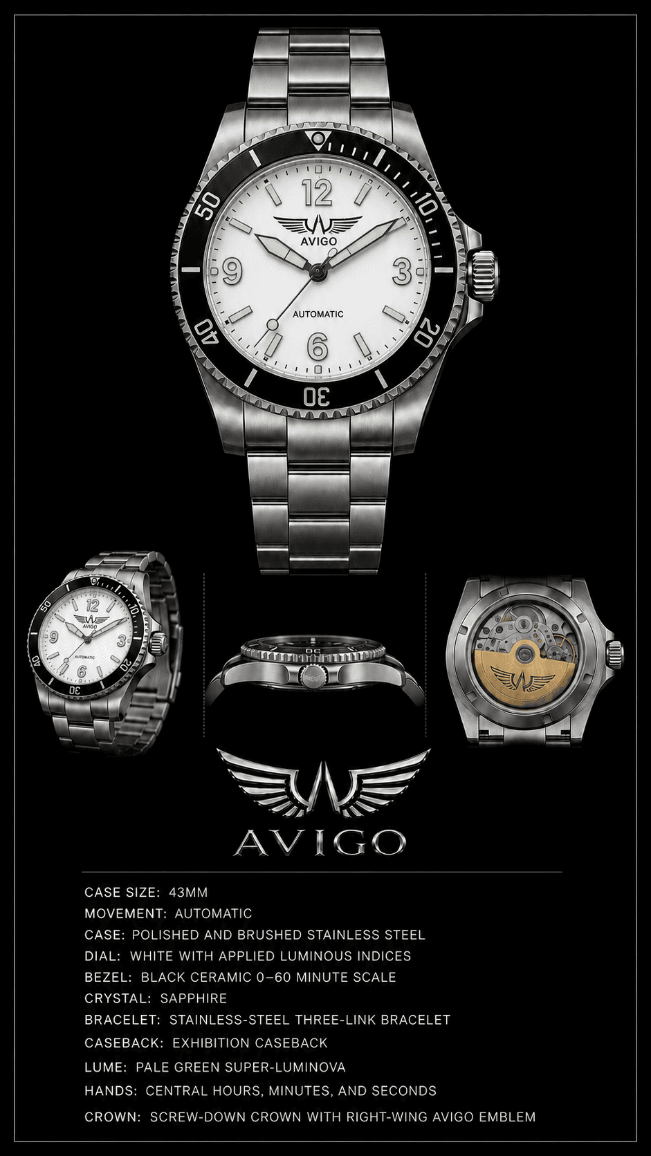 Luxury AVIGO automatic watch with aviation inspired design and stainless steel bracelet 