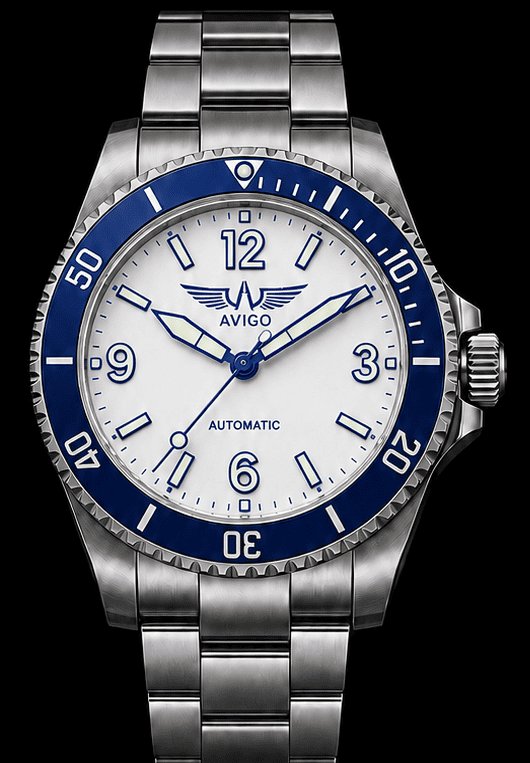Luxury AVIGO automatic dive watch with blue bezel and white dial 