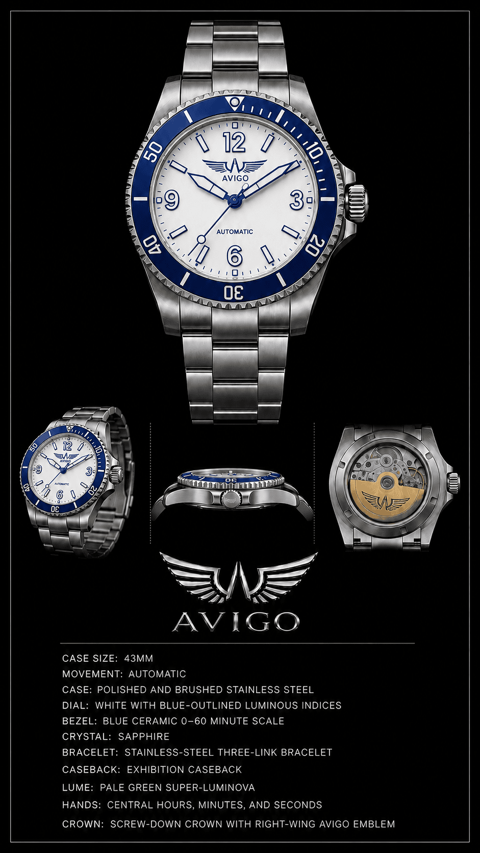 Luxury AVIGO watch with blue bezel and white dial, aviation inspired design 