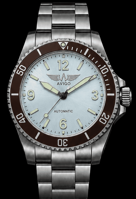 Luxury AVIGO automatic watch with aviation inspired design and stainless steel band 