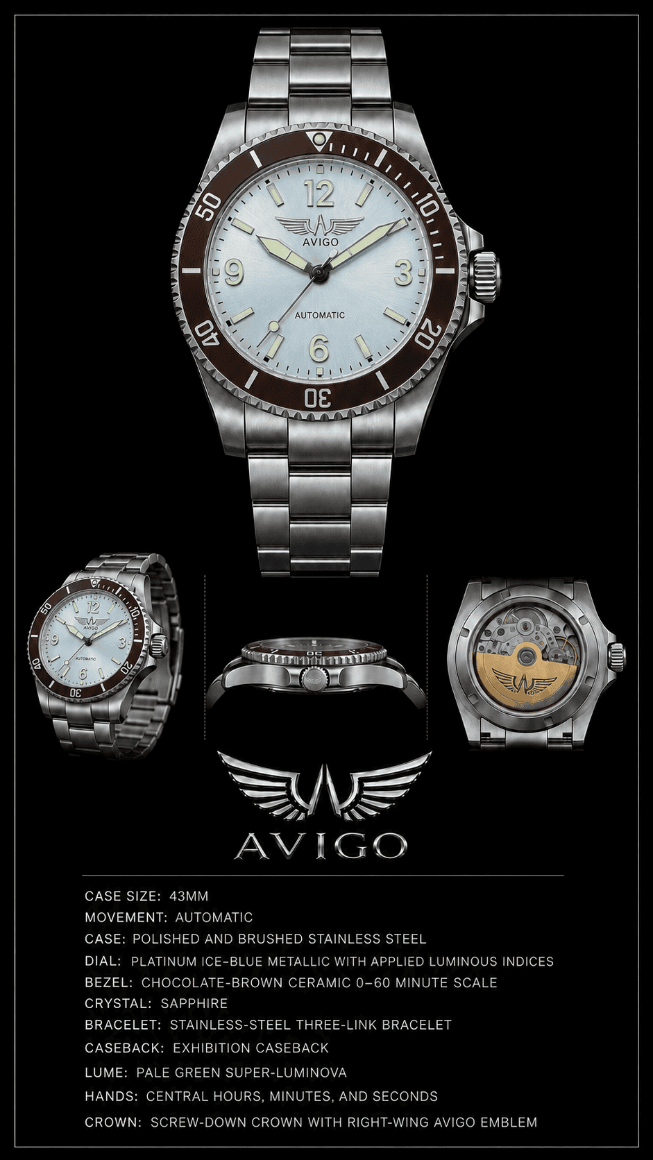 Luxury AVIGO watch with aviation inspired design and stainless steel bracelet 