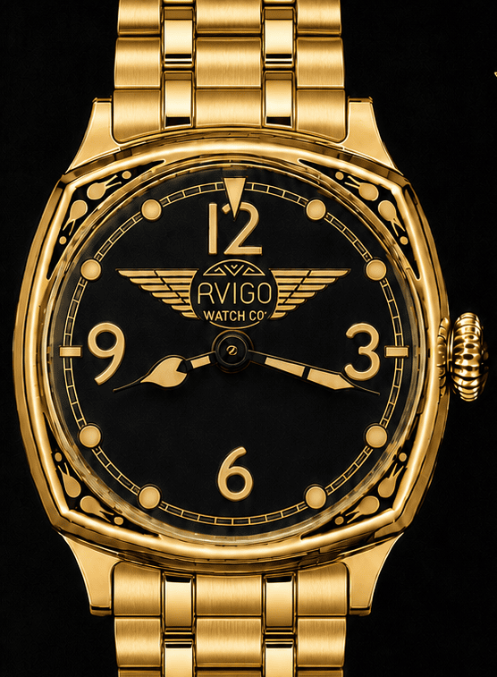 Gold AVIGO watch with aviation inspired design and black dial 
