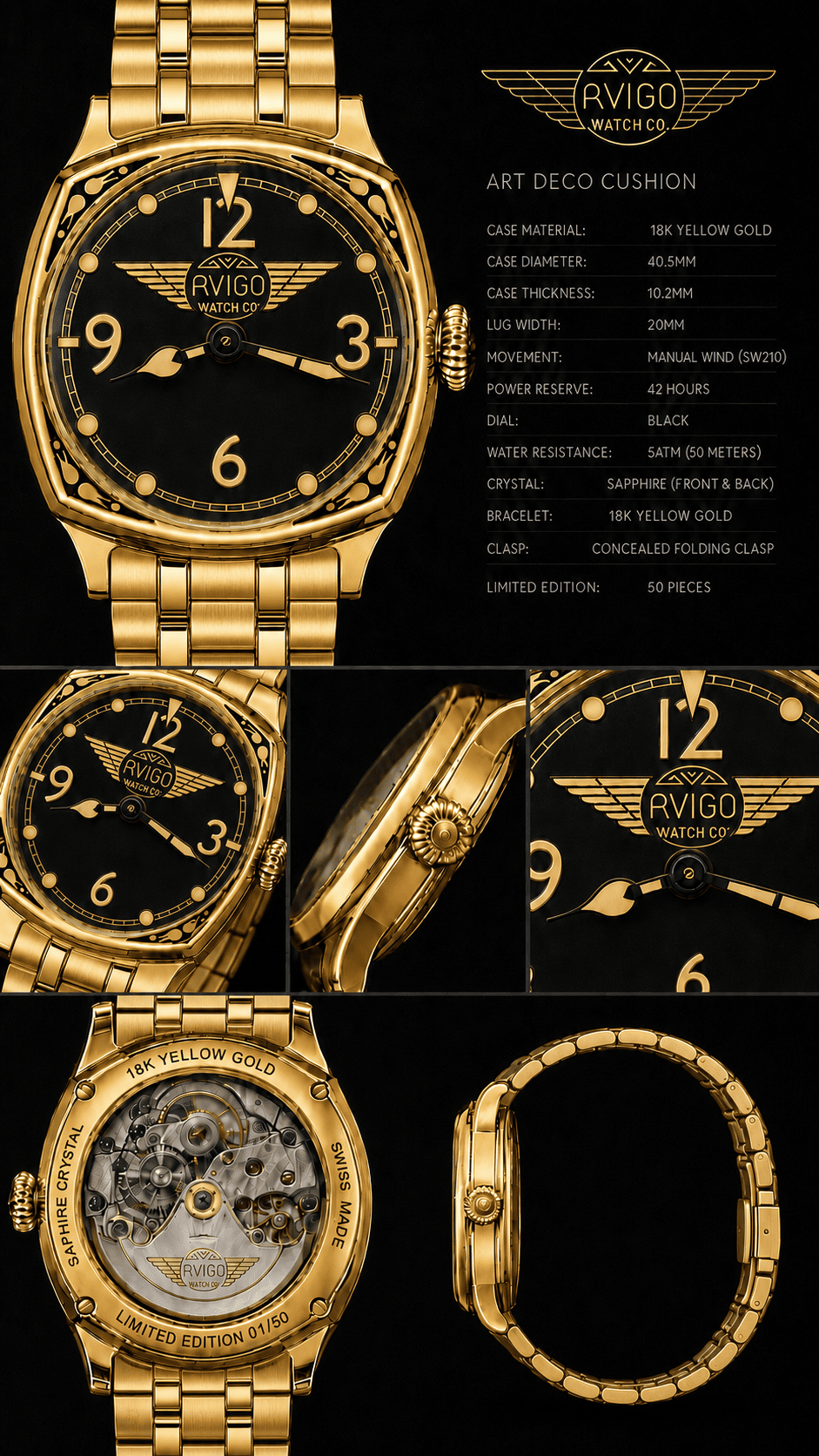 Luxury AVIGO watch with gold case and black dial, aviation inspired design 