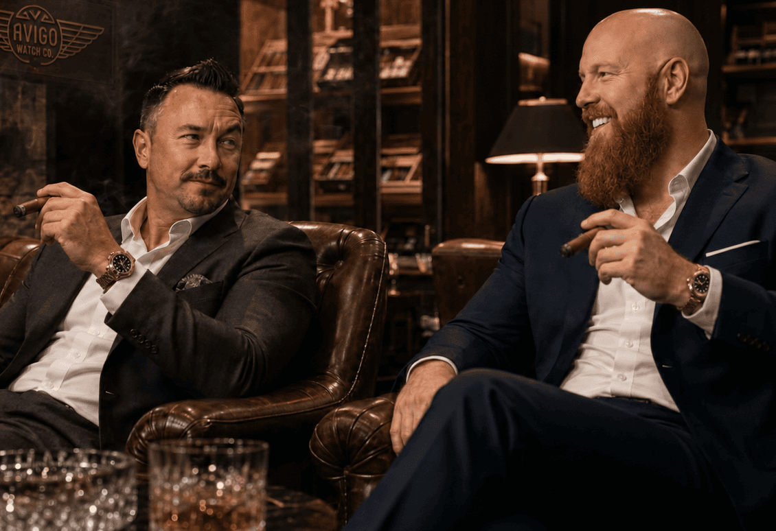 Two men discussing luxury AVIGO watches in a sophisticated setting 