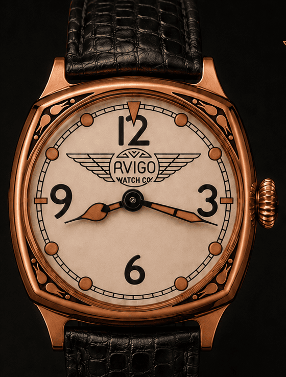 Luxury AVIGO watch with aviation inspired design and black leather strap 