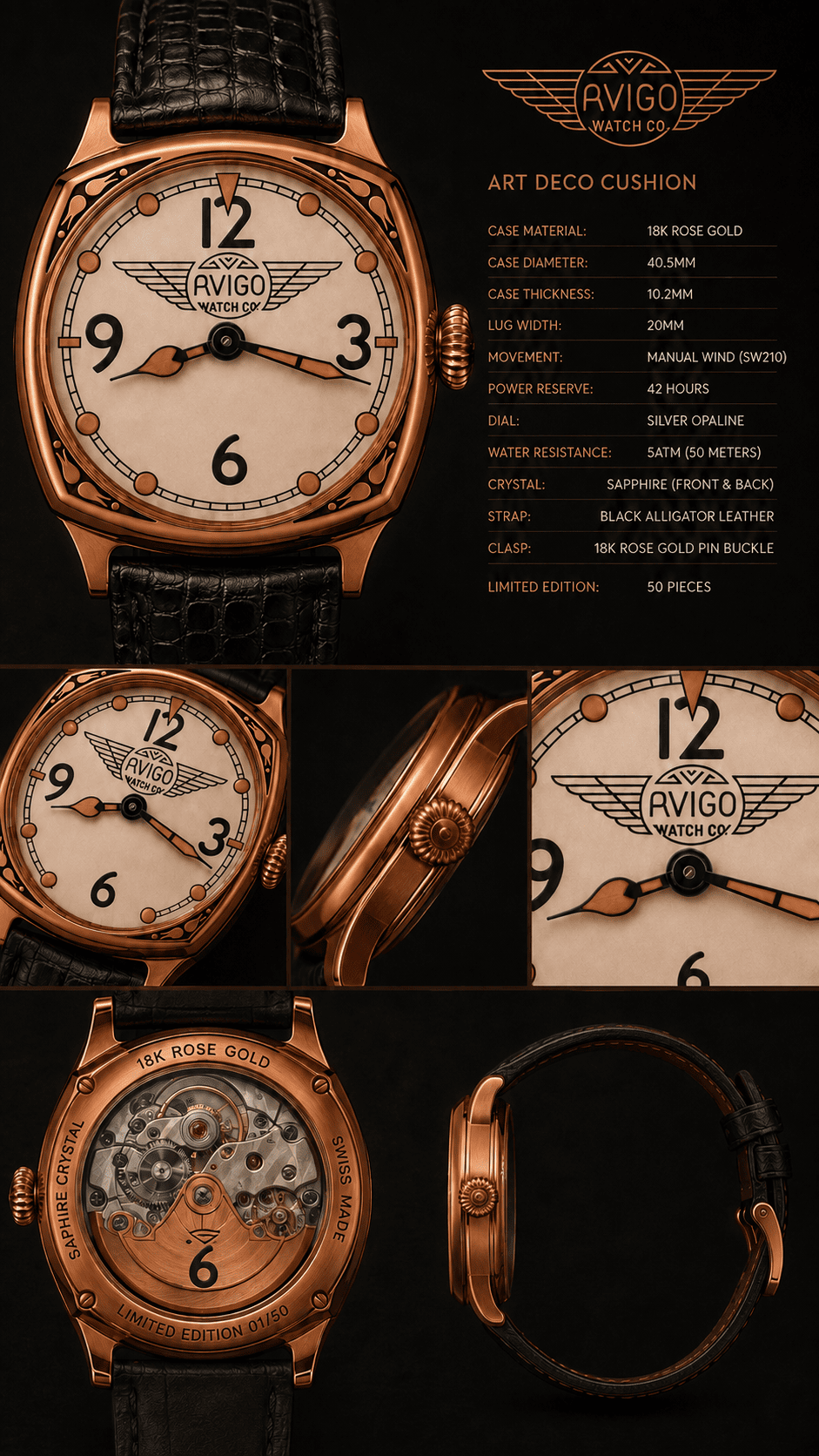 Luxury AVIGO automatic watch with aviation inspired design and rose gold case 