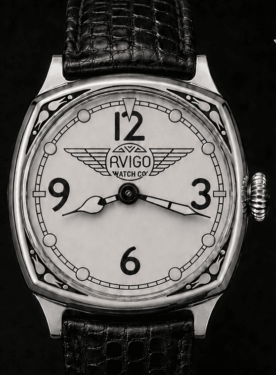 Luxury AVIGO watch with aviation inspired design and black leather strap 