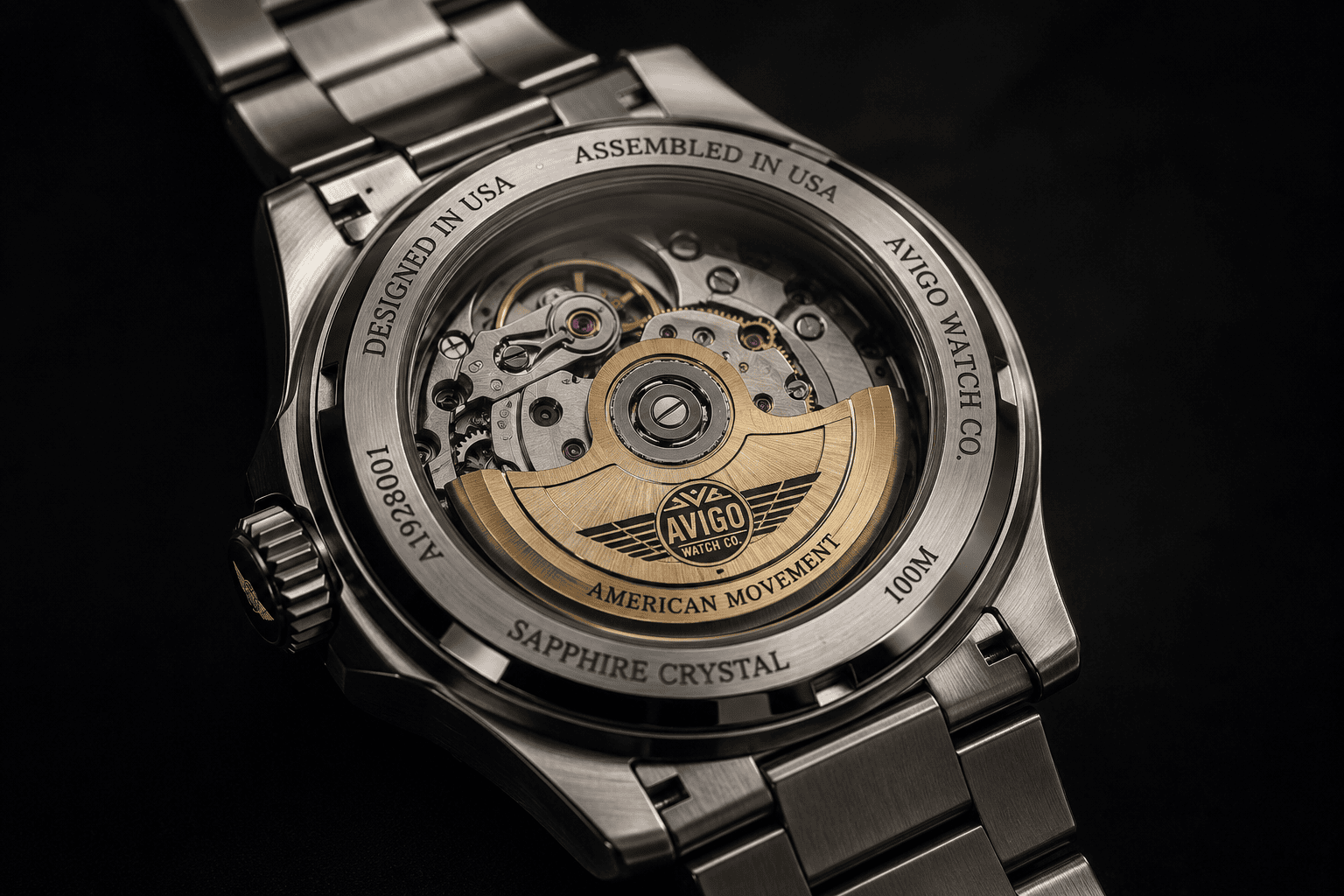 AVIGO Heritage Automatic Watch Movement Close up of AVIGO automatic watch movement with sapphire crystal case back
