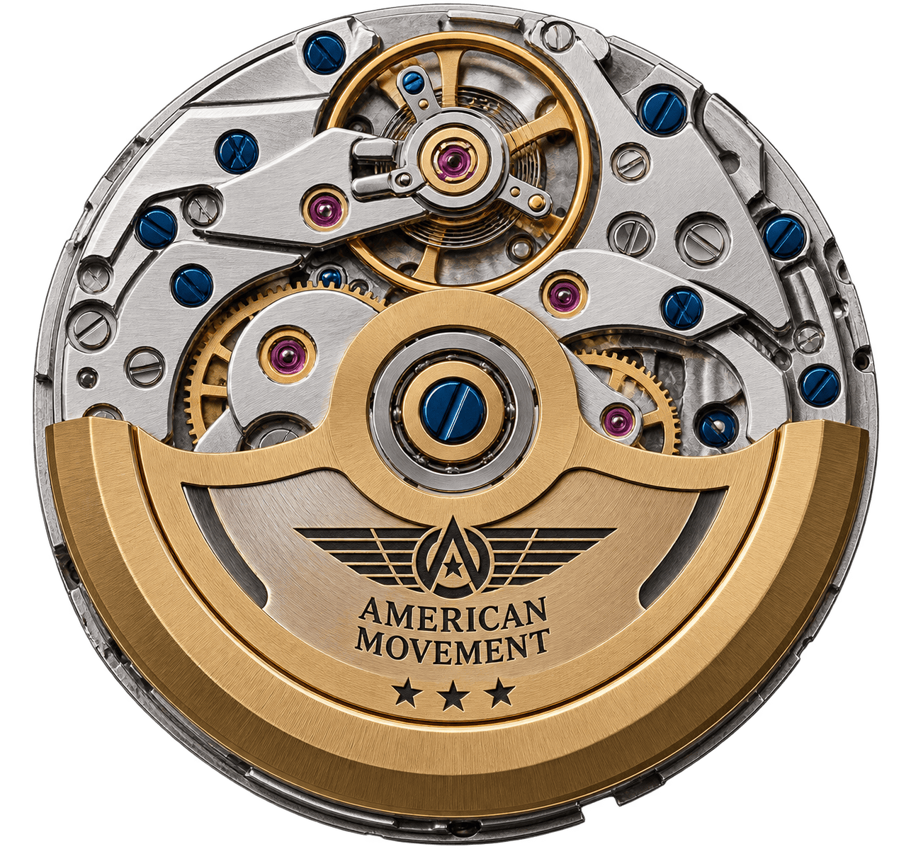 AVIGO Watch Company Movement Close up of AVIGO luxury watch movement with gold and blue accents
