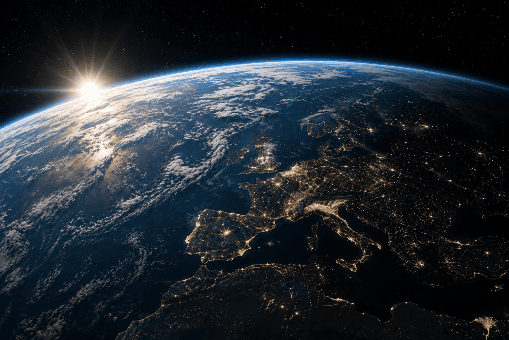 Earth viewed from space with sunrise over the horizon 