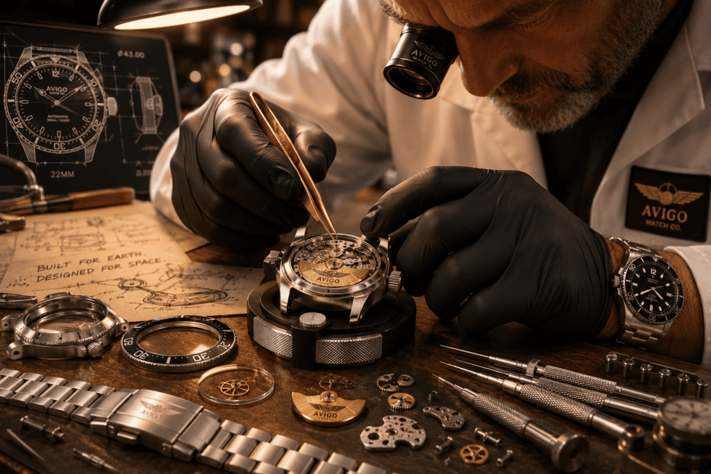 Watchmaker assembling a luxury AVIGO watch with precision tools 