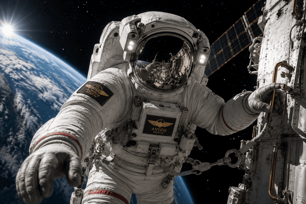 Astronaut in space with Earth and space station in background 