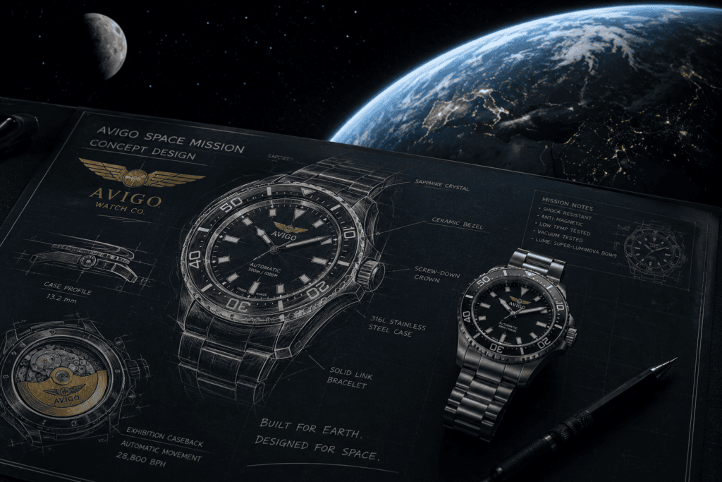 Luxury AVIGO watch on space mission blueprint with Earth in background 