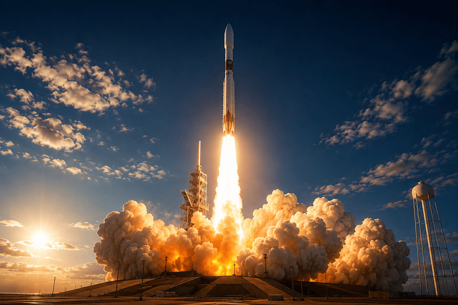 Rocket launch with fiery exhaust and smoke at sunrise 
