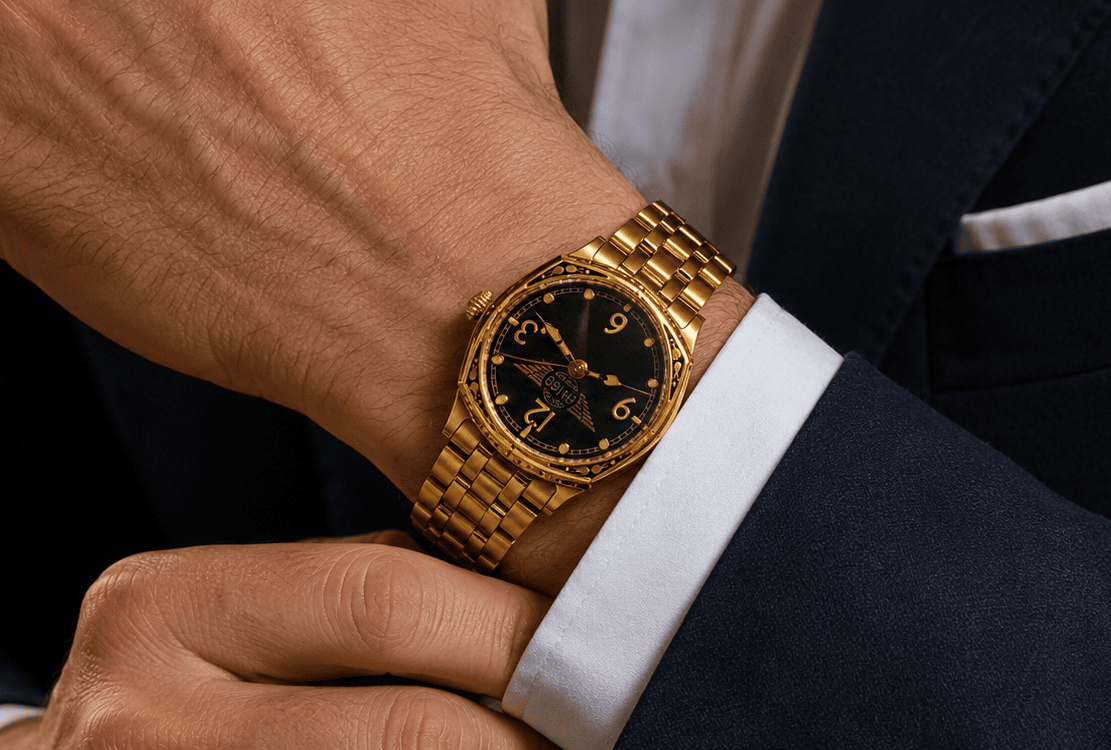 Gold AVIGO watch with aviation inspired design on man's wrist 