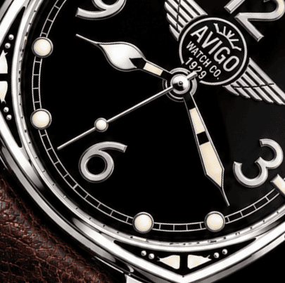 Close up of AVIGO 1929 aviation inspired luxury watch dial with automatic movement 