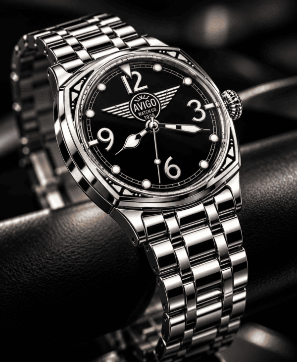 Luxury aviation inspired watch by AVIGO Watch Company with stainless steel bracelet 