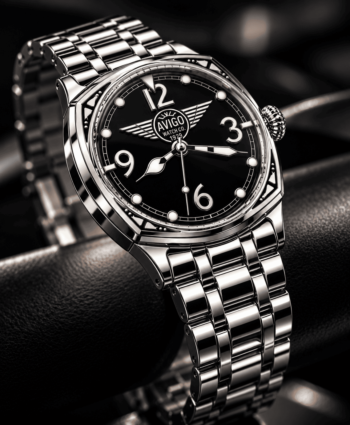 Luxury aviation inspired watch by AVIGO Watch Company with stainless steel bracelet 