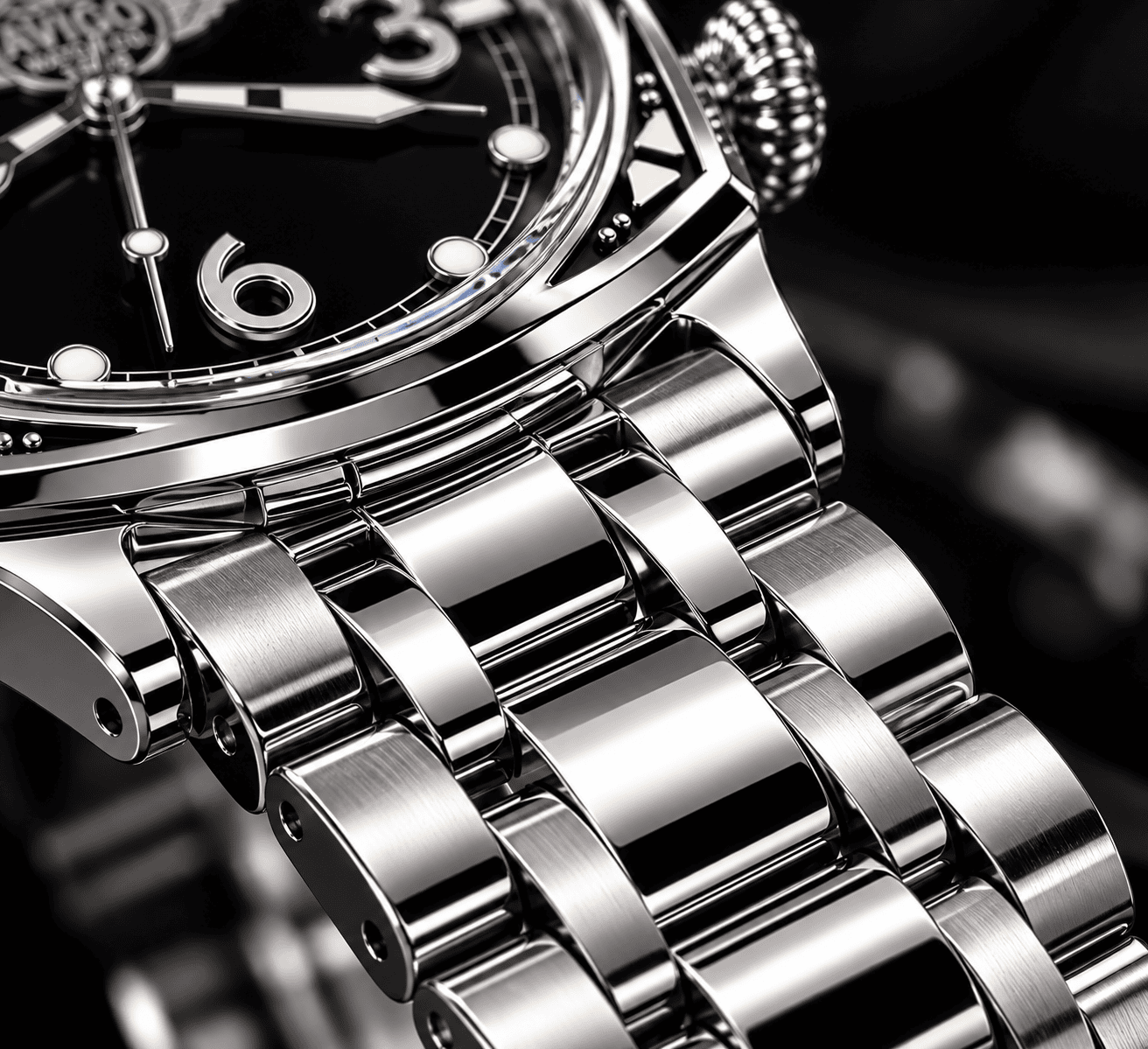 Close up of AVIGO luxury watch with stainless steel bracelet and black dial 