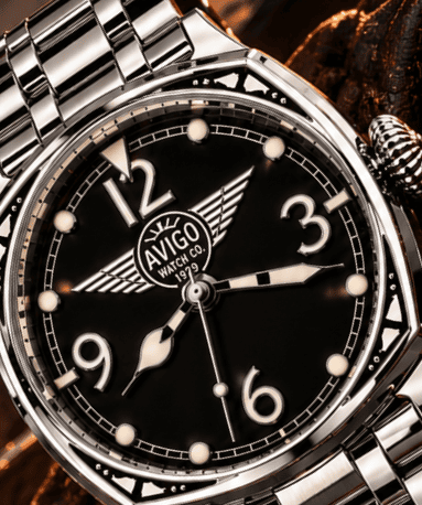 Luxury AVIGO watch with aviation inspired design and stainless steel bracelet 