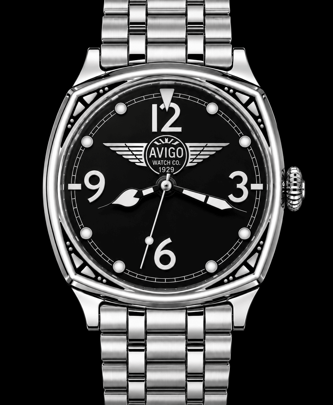 Luxury AVIGO aviation inspired watch with black dial and stainless steel bracelet 