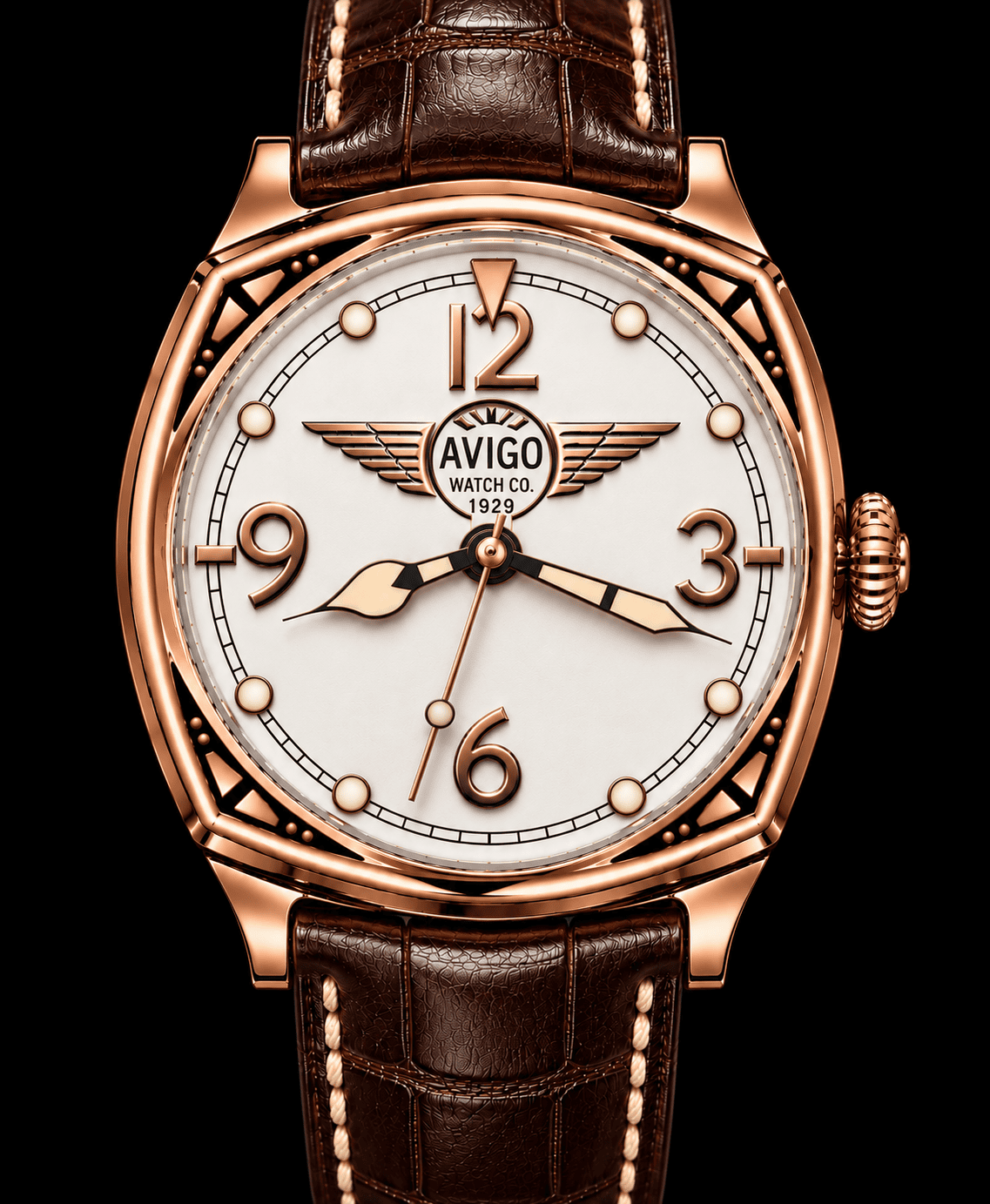 Elegant AVIGO watch with aviation heritage design and rose gold case 