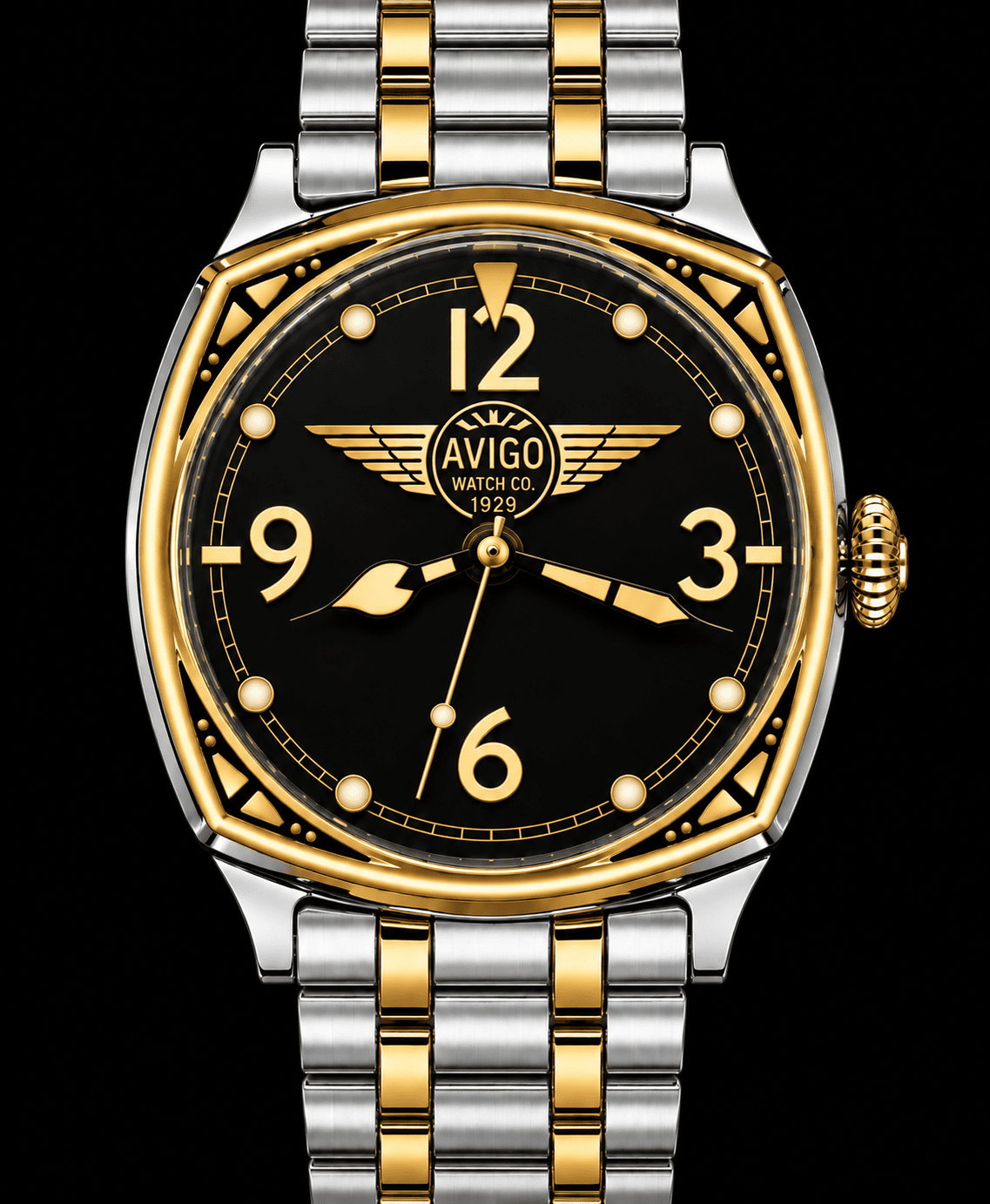 Luxury AVIGO watch with black dial and gold accents, aviation inspired design 