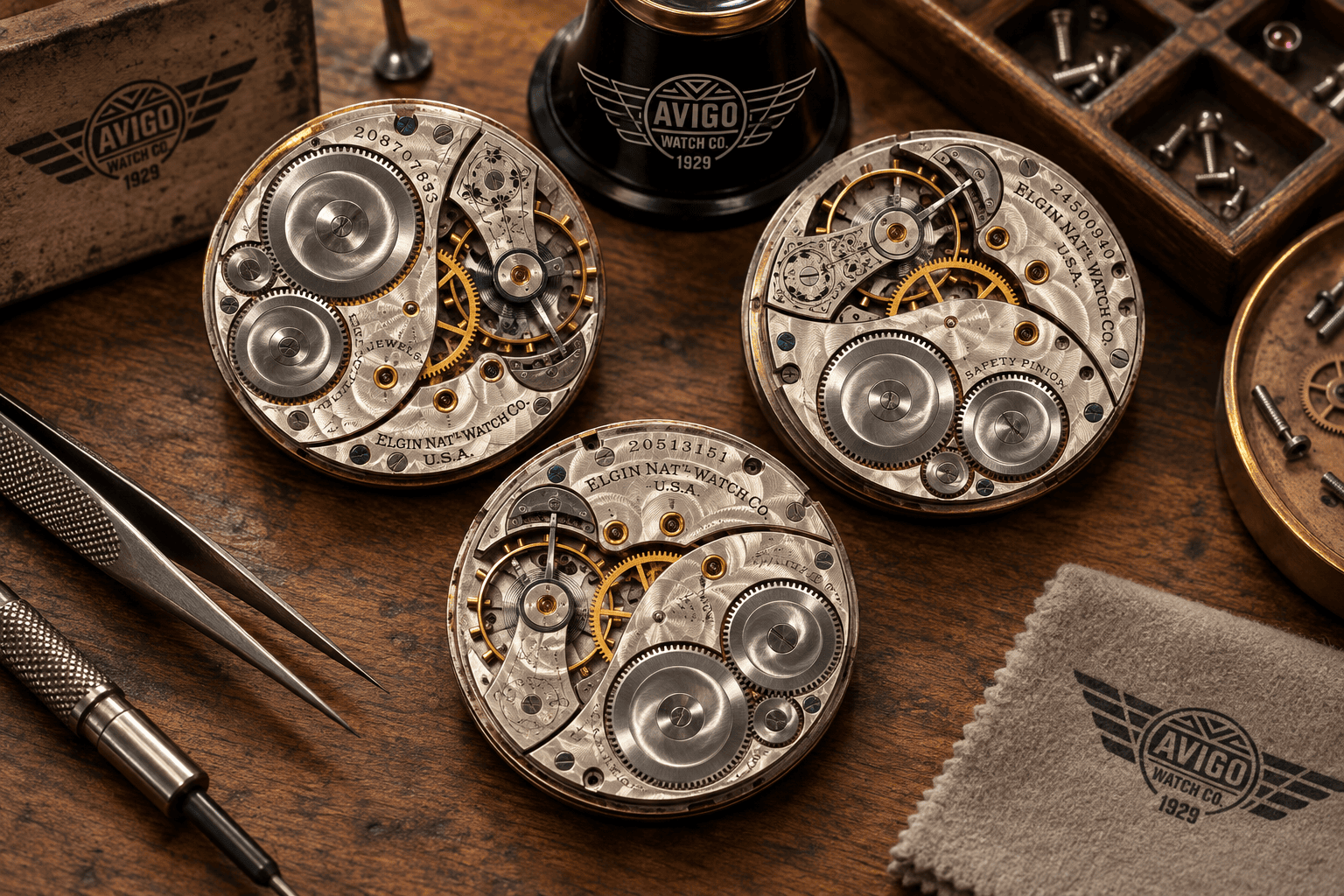 Close up of AVIGO watch movements with intricate gears and components 