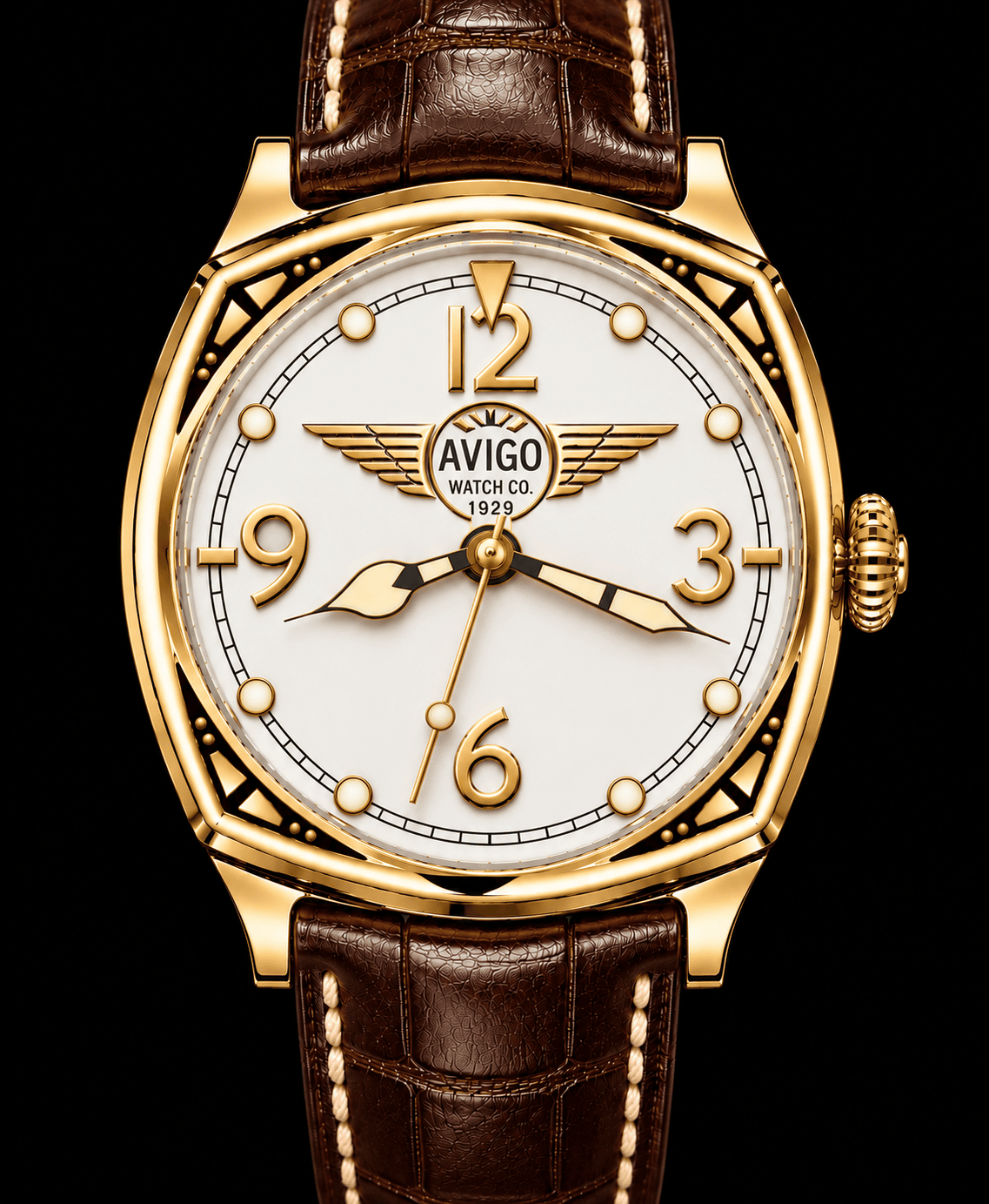 Luxury AVIGO watch with aviation inspired design and brown leather strap 