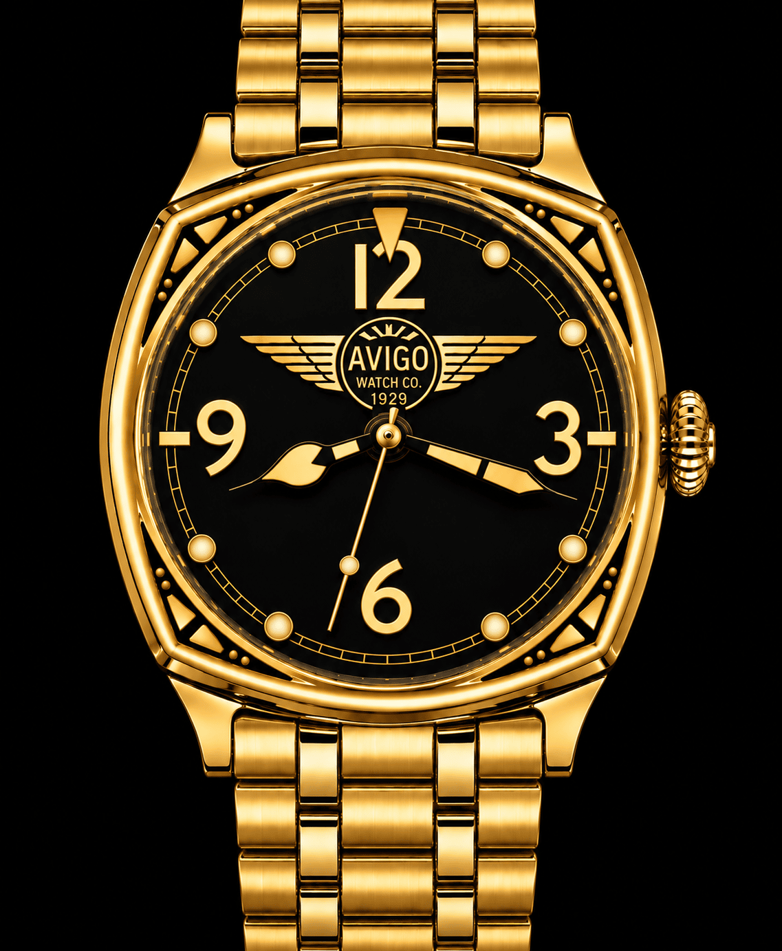 Gold AVIGO watch with aviation inspired design and black dial 
