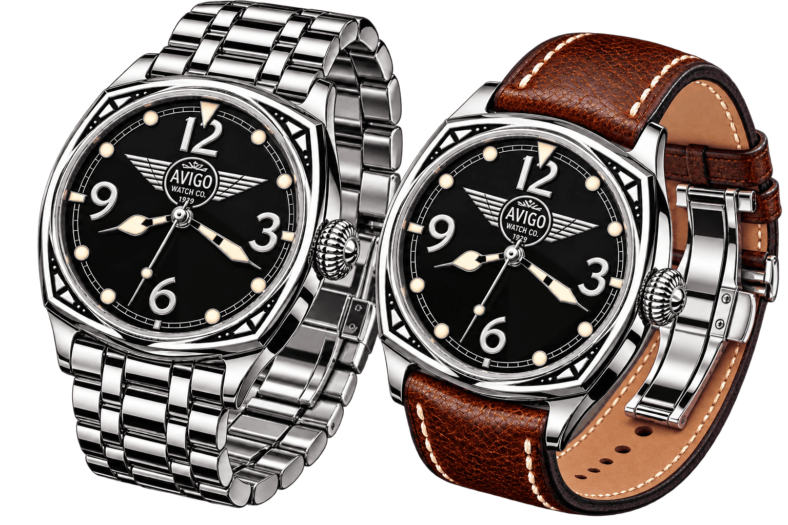 Two luxury AVIGO watches with aviation inspired design and stainless steel cases 