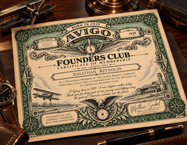 Vintage AVIGO Watch Company Founders Club certificate with aviation theme 