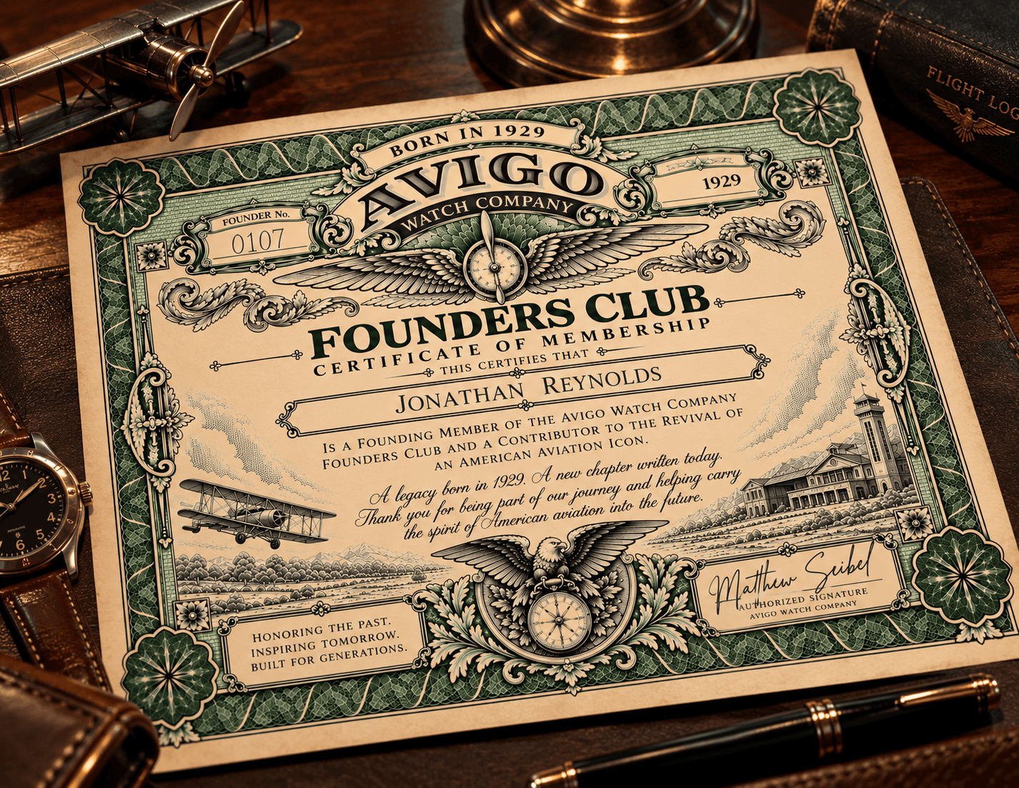 Vintage AVIGO Watch Company Founders Club certificate with aviation theme