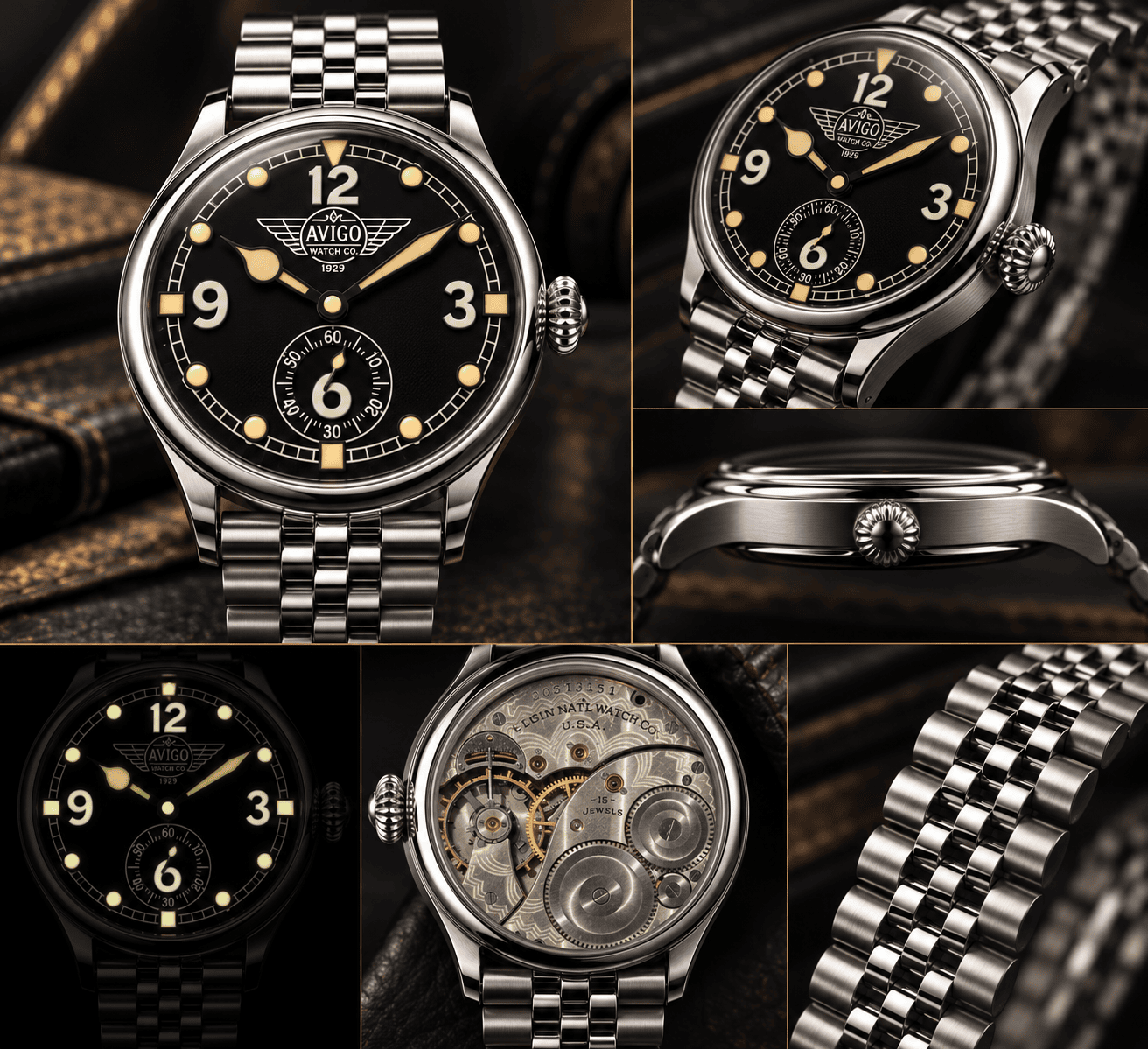 Luxury AVIGO watch with aviation inspired design and luminous dial 