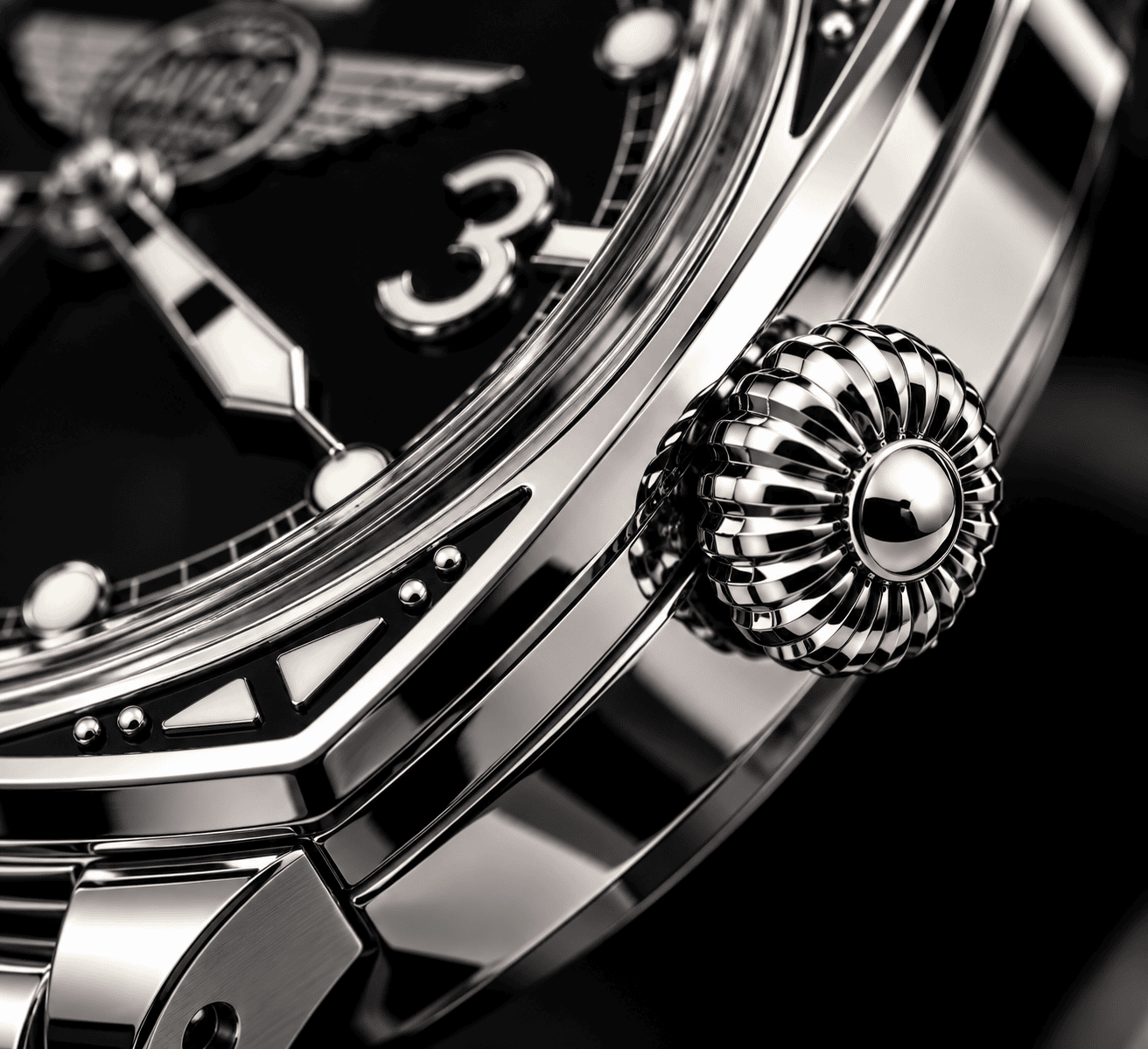 Close up of AVIGO watch crown with aviation inspired design in stainless steel 