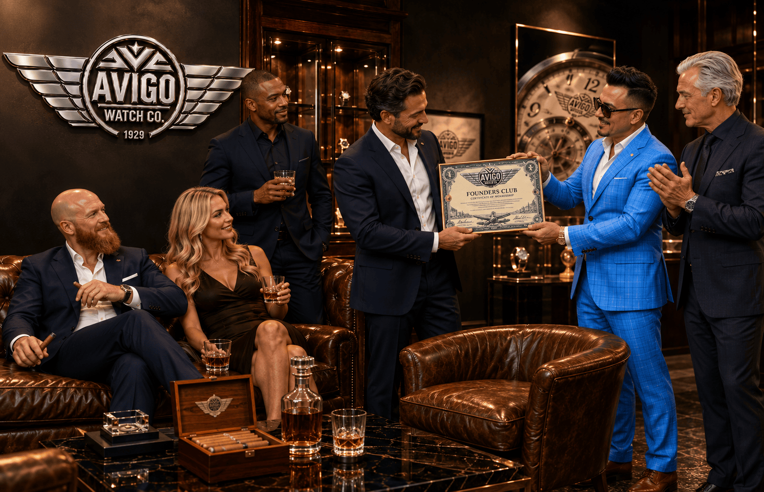 Group of men and women celebrating with award at AVIGO Watch Company event