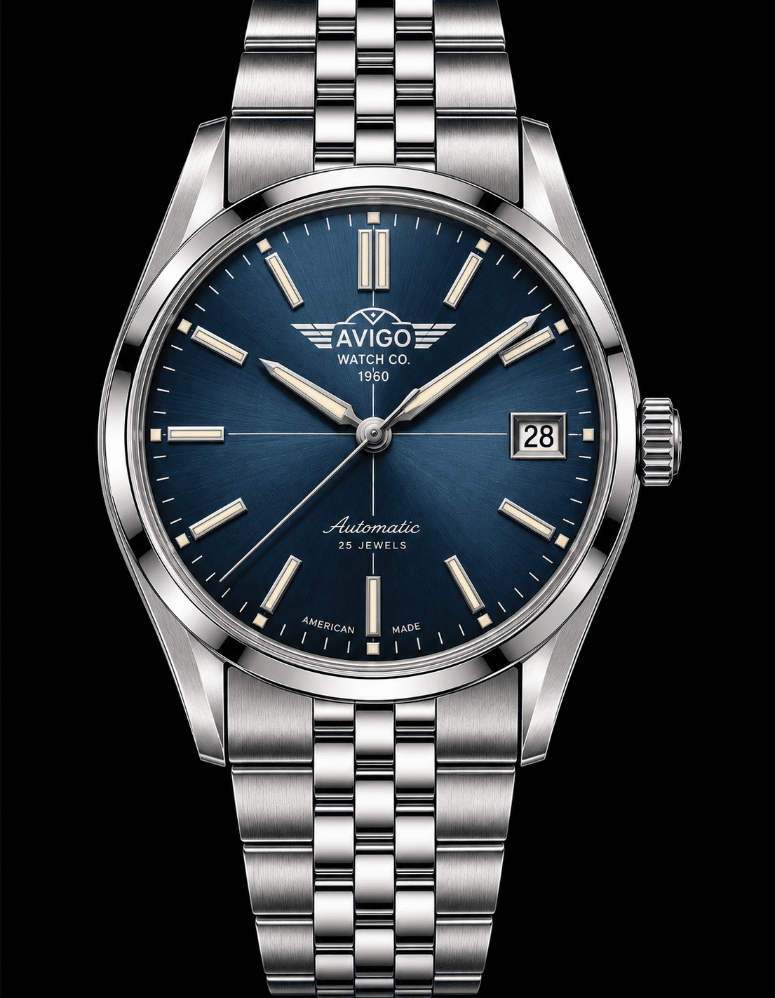 Luxury AVIGO automatic watch with blue dial and stainless steel bracelet 