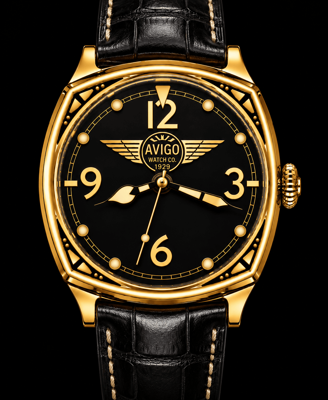 AVIGO Watch Company luxury watch with black dial and gold case 
